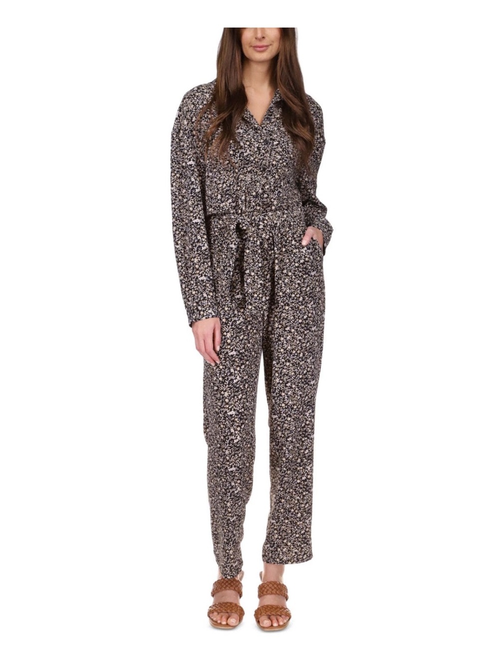 Michael Kors Black Floral Print Long-Sleeve Tie-Waist Jumpsuit
